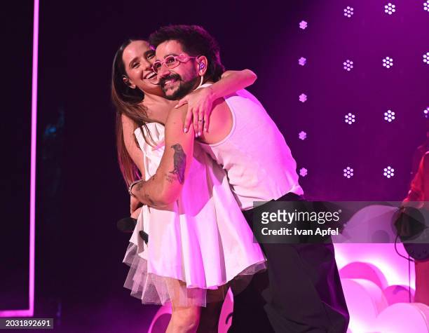 Evaluna Montaner and Camilo perform onstage during Univision's 36th Premio Lo Nuestro at Kaseya Center on February 22, 2024 in Miami, Florida.