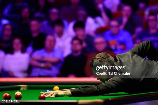 Mark Selby of England plays a shot in the Quarter-final match against Ronnie O'Sullivan of England on day four of 2024 Players Championship at...