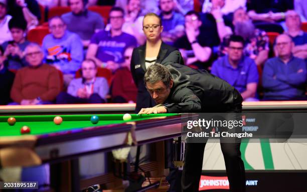 Ronnie O'Sullivan of England plays a shot in the Quarter-final match against Mark Selby of England on day four of 2024 Players Championship at...