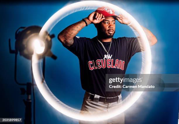 Kahlil Watson of the Cleveland Guardians sits for a portrait at Goodyear Ballpark on February 22, 2024 in Goodyear, Arizona.