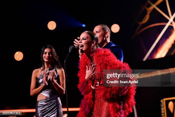 Olga Tañón speaks onstage during Univision's 36th Premio Lo Nuestro at Kaseya Center on February 22, 2024 in Miami, Florida.