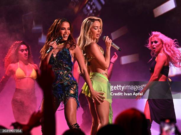 Anitta and Bad Gyal perform onstage during Univision's 36th Premio Lo Nuestro at Kaseya Center on February 22, 2024 in Miami, Florida.