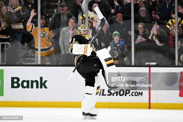 Jeremy Swayman of the Boston Bruins reacts after winning a game against the Dallas Stars in a shootout at the TD Garden on February 19, 2024 in...