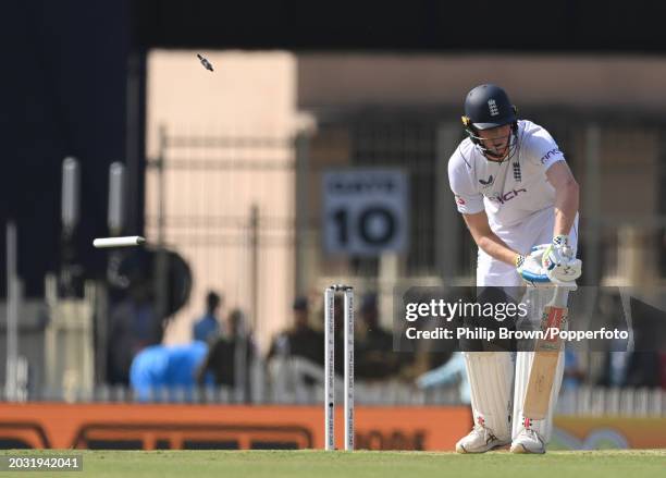 Zak Crawley of England is bowled by Akash Deep but it was a no ball during day one of the 4th Test Match between India and England at JSCA...