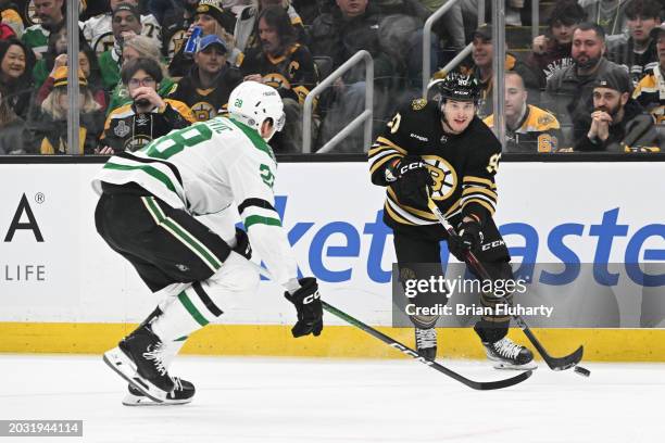 Anthony Richard of the Boston Bruins skates against the Dallas Stars during the first period at the TD Garden on February 19, 2024 in Boston,...