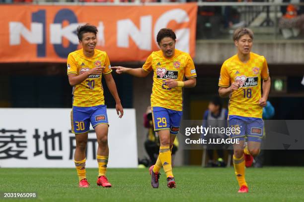 Vegalta Sendai players celebrate the team's second goal scored an own goal by an Omiya Ardija player during the J.League J1 match between Vegalta...