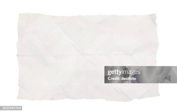 weiße, zerknitterte, zerknitterte, rustikale, zerknitterte papierhorizontale vektorhintergründe mit falten, falten und knicken überall; ein schlichtes, leeres, leeres abfallblatt mit textplatz und gerissenen unebenen kanten rundherum - papierstück stock-grafiken, -clipart, -cartoons und -symbole