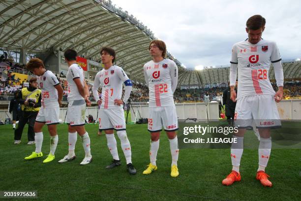 Omiya Ardija players look dejected after the team's 0-3 defeat in the J.League J1 match between Vegalta Sendai and Omiya Ardija at Yurtec Stadium...