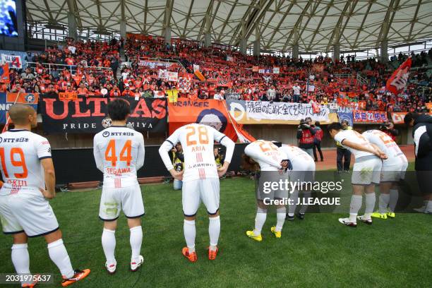 Omiya Ardija players applaud fans after the team's 0-3 defeat in the J.League J1 match between Vegalta Sendai and Omiya Ardija at Yurtec Stadium...