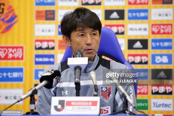 Head coach Masatada Ishii of Omiya Ardija speaks at the post match press conference after the J.League J1 match between Vegalta Sendai and Omiya...