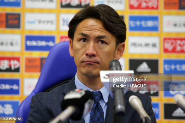 Head coach Susumu Watanabe of Vegalta Sendai speaks at the post match press conference after the J.League J1 match between Vegalta Sendai and Omiya...
