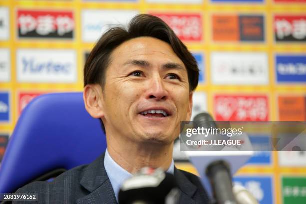 Head coach Susumu Watanabe of Vegalta Sendai speaks at the post match press conference after the J.League J1 match between Vegalta Sendai and Omiya...