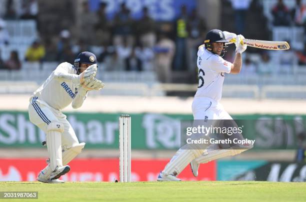 England batsman Joe Root in batting action watched by India wicketkeeper Dhruv Jurel during day one of the 4th Test Match between India and England...