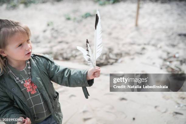 kid girl collects feathers by the lakeside beach, walks and exploring the environment with kids. - spotted lake stock pictures, royalty-free photos & images