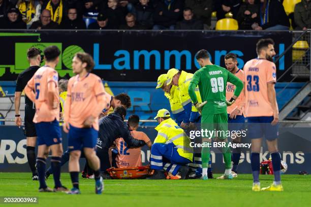 Ivo Pinto of Fortuna Sittard receives medical treatment during the Dutch Keuken Kampioen Divisie match between RKC Waalwijk and Fortuna Sittard at...