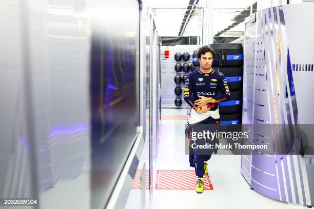 Sergio Perez of Mexico and Oracle Red Bull Racing walks into the garage during day three of F1 Testing at Bahrain International Circuit on February...