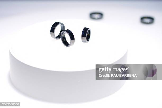 Prototypes of Samsung Galaxy rings are displayed during the Mobile World Congress , the telecom industry's biggest annual gathering, in Barcelona on...