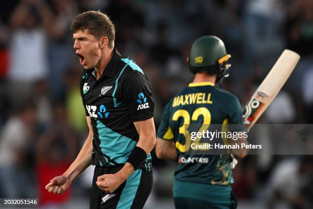 Ben Sears of the New Zealand Black Caps celebrates the wicket of Glenn Maxwell of Australia during the game two of Men's T20 International series...