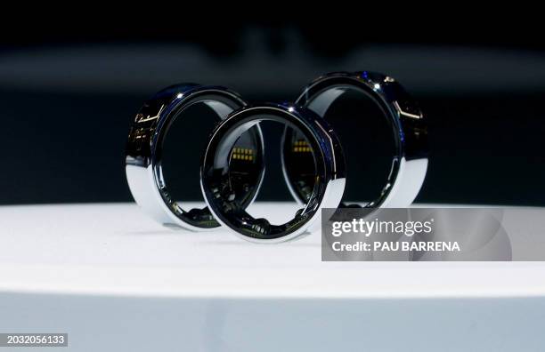 Prototypes of Samsung Galaxy rings are displayed during the Mobile World Congress , the telecom industry's biggest annual gathering, in Barcelona on...