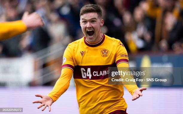 Motherwell's Blair Spittal celebrates after scoring to make it 1-0 during a cinch Premiership match between Motherwell and Celtic at Fir Park, on...