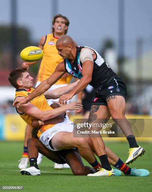 Mark Keane of the Crows tackled by Willie Rioli of the Power and Sam Powell-Pepper of the Power causing a concussion during an AFL practice match...