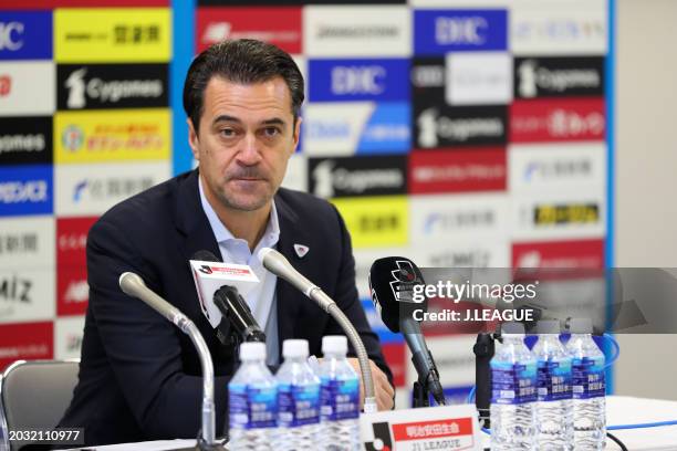 Head coach Massimo Ficcadenti of Sagan Tosu speaks at the post match press conference after the J.League J1 match between Sagan Tosu and FC Tokyo at...