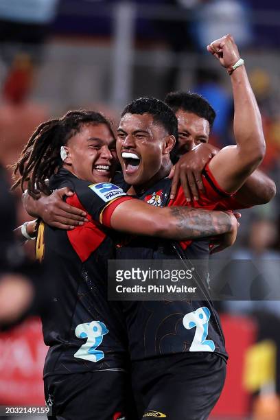 Naitoa Ah Kuoi and Tupou Vaai of the Chiefs celebrate victory in the round one Super Rugby Pacific match between Chiefs and Crusaders at FMG Stadium...