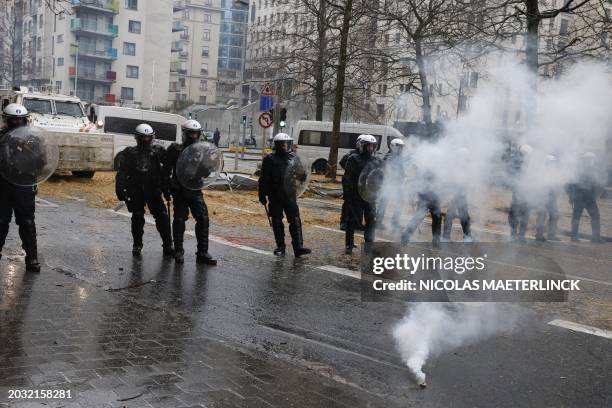 Police pictured during a protest action of farmers' organizations 'Federation Unie de Groupements d'Eleveurs et d'Agriculteurs' , Boerenforum and...