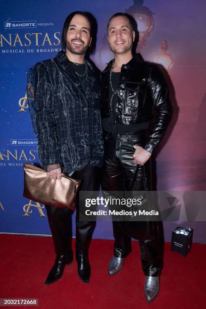 Apio Quijano and Juan Pablo Serrano pose for a photo on the red carpet for the play "Anastasia" at Teatro Telcel on February 22, 2024 in Mexico City,...