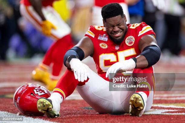 Trey Smith of the Kansas City Chiefs reacts after winning Super Bowl LVIII against the San Francisco 49ers at Allegiant Stadium on February 11, 2024...
