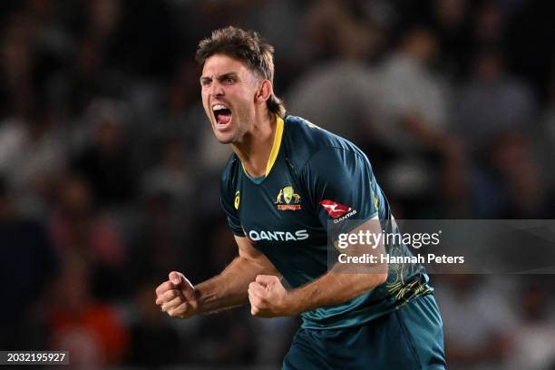 Mitchell Marsh of Australia celebrates the wicket of Mark Chapman of the New Zealand Black Caps during the game two of Men's T20 International series...