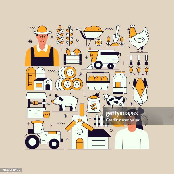 farming and agriculture related vector design concept. global multi-sphere ready-to-use template. web banner, website header, magazine, mobile application etc. modern design. - farm workers stock illustrations