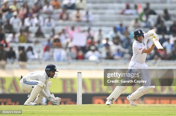 England batsman Joe Root in batting action watched by India wicketkeeper Dhruv Jurel during day one of the 4th Test Match between India and England...