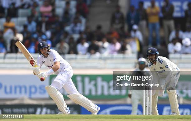 England batsman Joe Root in batting action watched by India wicketkeeper Dhruv Jurel during day one of the 4th Test Match between India and England...