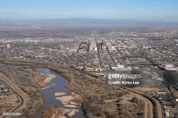 General overall aerial view of the downtown Albuquerque skyline on February 16, 2024 in Albuquerque, New Mexico.