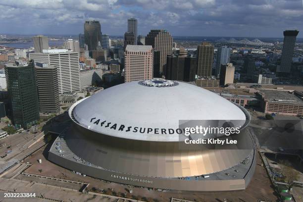 General overall aerial view of the Caesars Superdome on February 22, 2024 in New Orleans, Louisiana.