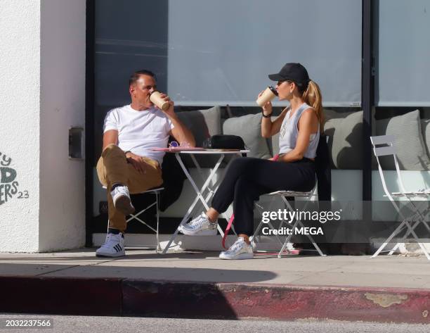 Maria Menounos is seen drinking a coffee on February 24, 2024 in Los Angeles, California.