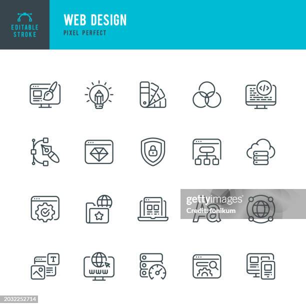 web design - set of vector linear icons. pixel perfect. editable stroke. the set includes a web design, website development, web page, portfolio, coding, search engine, data center, color swatch, font, paintbrush, pen, desktop pc. - web address stock illustrations