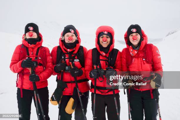 Laura Whitmore, Sara Davies, Alex Scott and Vicky Pattison during the final day of the 'Snow Going Back' challenge at the finish line wearing their...