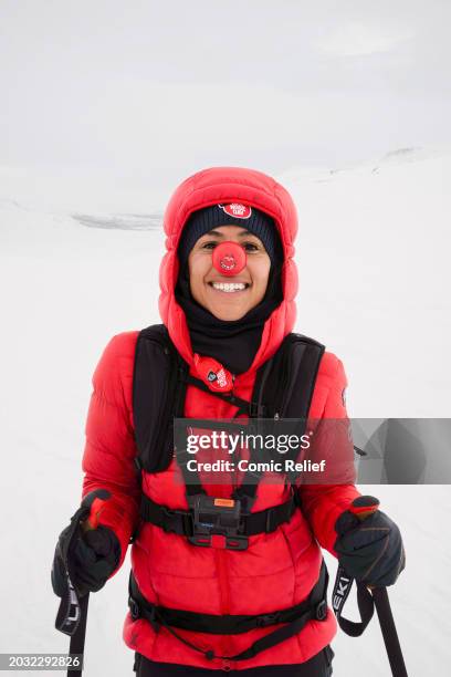 Alex Scott during the final day of the 'Snow Going Back' challenge at the finish line wearing a red nose on the 22nd February 2024 in Norway. This...