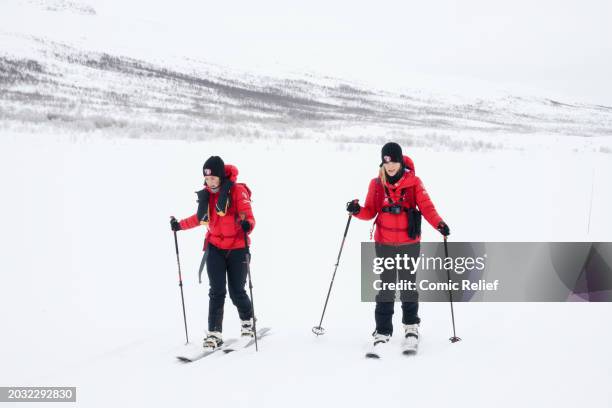 Vicky Pattison and Laura Whitmore during the final day of the 'Snow Going Back' challenge skiing through the snowy Arctic landscape towards the...