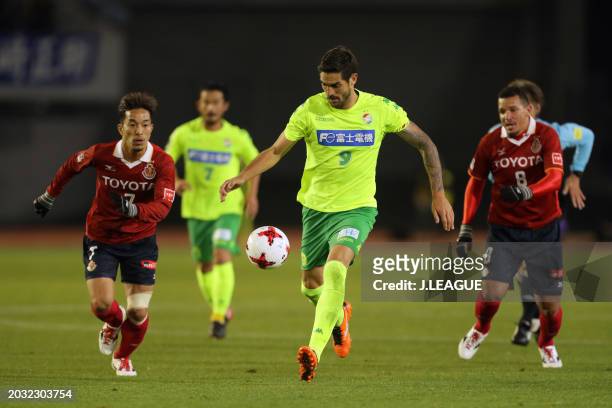 Joaquin Larrivey of JEF United Chiba controls the ball against Taishi Taguchi of Nagoya Grampus during the J.League J1 Promotion Play-Off semi final...