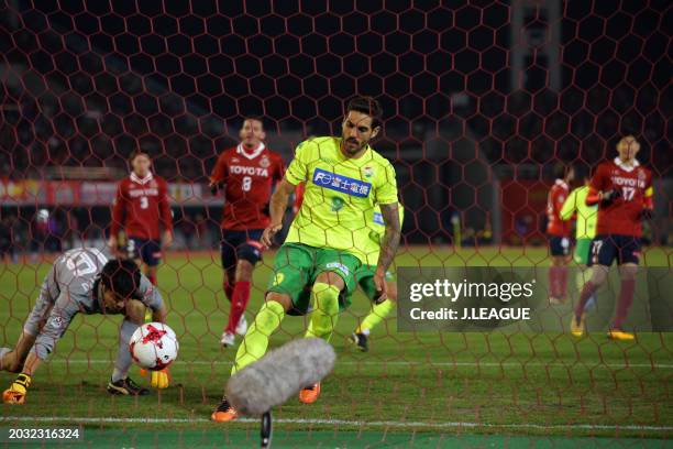 Joaquin Larrivey of JEF United Chiba picks up the ball after scoring the team's second goal during the J.League J1 Promotion Play-Off semi final...