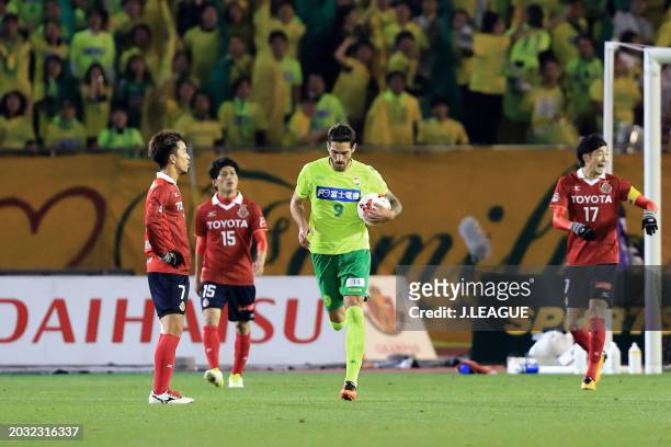 Joaquin Larrivey of JEF United Chiba reacts after scoring the team's second goal during the J.League J1 Promotion Play-Off semi final match between...