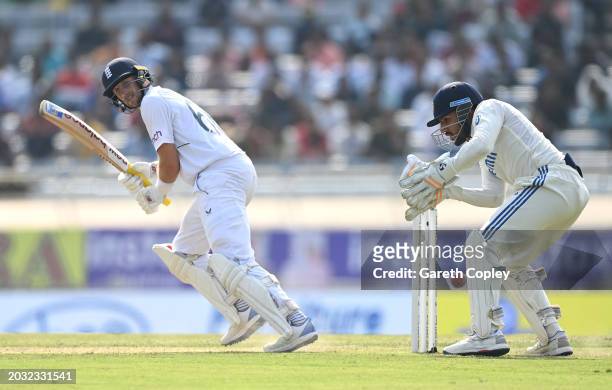 England batsman Joe Root in batting action watched by India wicketkeeper Dhruv Jurel during day one of the 4th Test Match between India and England...