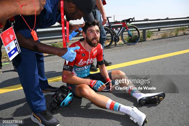 Thomas De Gendt of Belgium and Team Lotto Dstny injured after falling during the 6th UAE Tour 2024, Stage 5 a 182km stage from Al Aqah to Umm al...