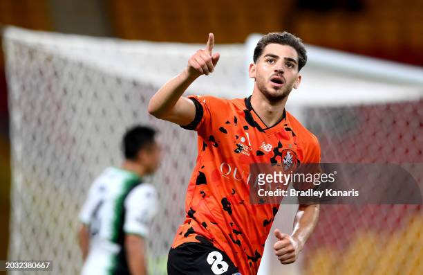 Jonas Markovski of the Roar celebrates after scoring a goal during the A-League Men round 18 match between the Brisbane Roar and Western United at...