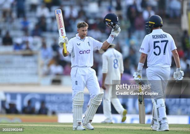 England batsman Joe Root celebrates his century during day one of the 4th Test Match between India and England at JSCA International Stadium Complex...