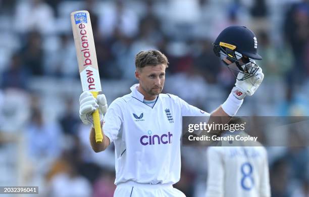 England batsman Joe Root celebrates his century during day one of the 4th Test Match between India and England at JSCA International Stadium Complex...