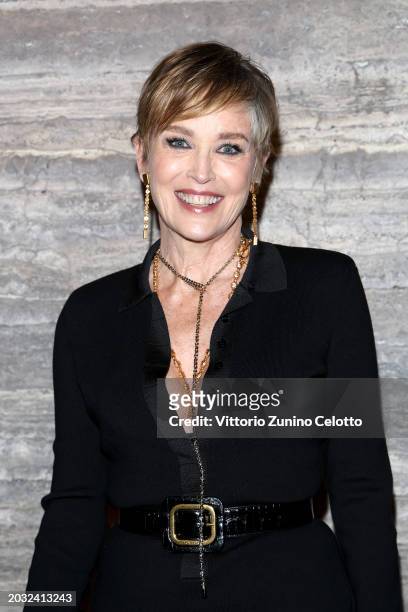 Sharon Stone is seen arriving at the Tom Ford fashion show during the Milan Fashion Week Womenswear Fall/Winter 2024-2025 on February 22, 2024 in...